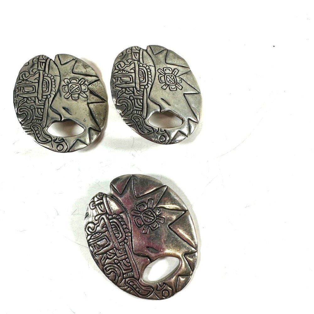 Mexico Earrings Sterling Silver Brooch Set Face  Artist Gigi Mizrahi Signed